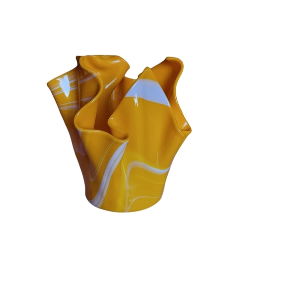 Yellow Slag Glass Handkerchief Vase w/ White Swirl Vintage Murano Style - Picture 3 of 8